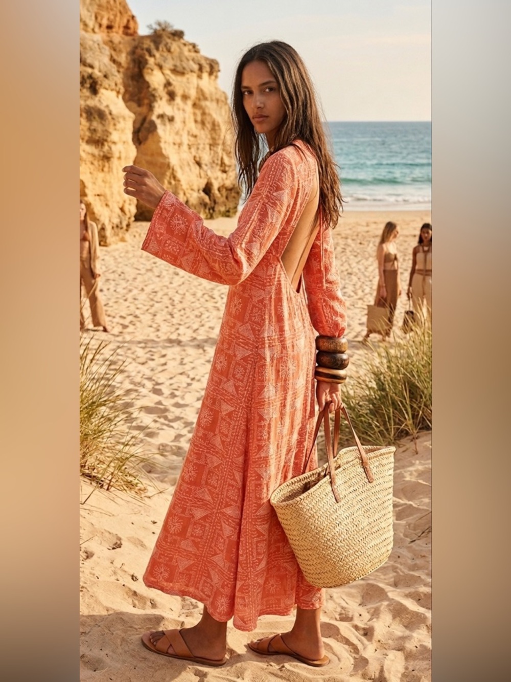 Zara Coral Open-Back embroidered Midi Maxi Dress